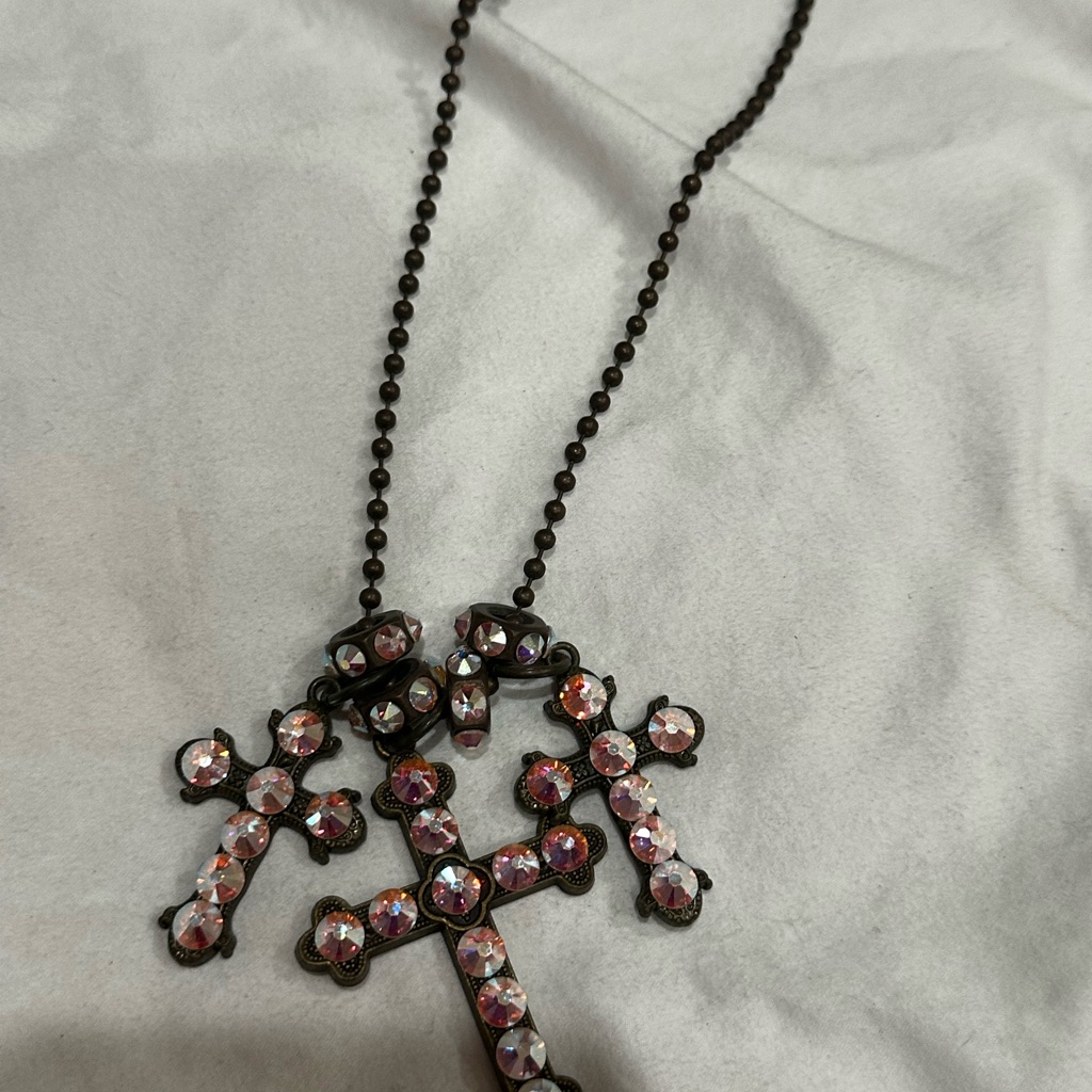 Chic Crystal Cross Necklace With Pink Accents